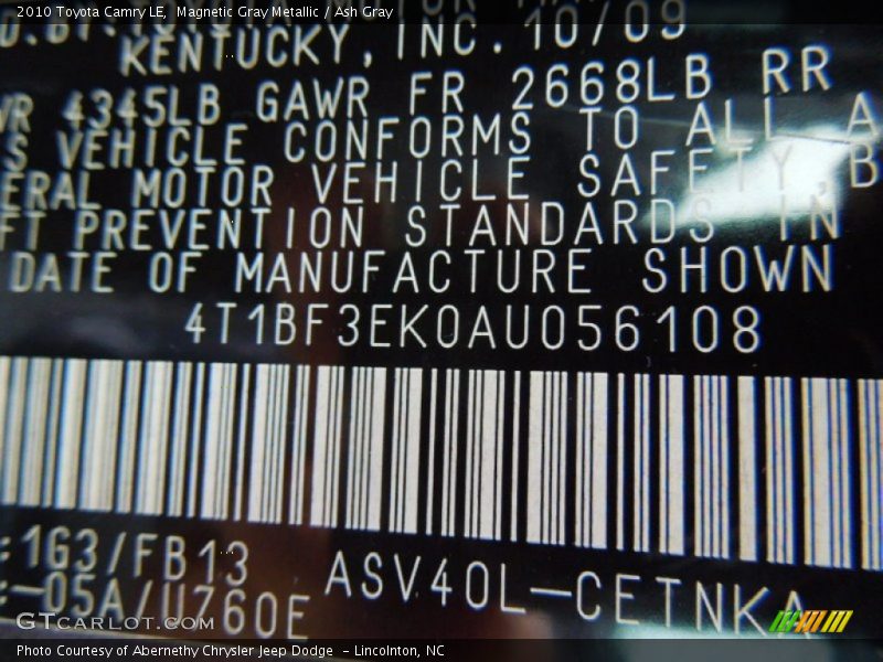Magnetic Gray Metallic / Ash Gray 2010 Toyota Camry LE