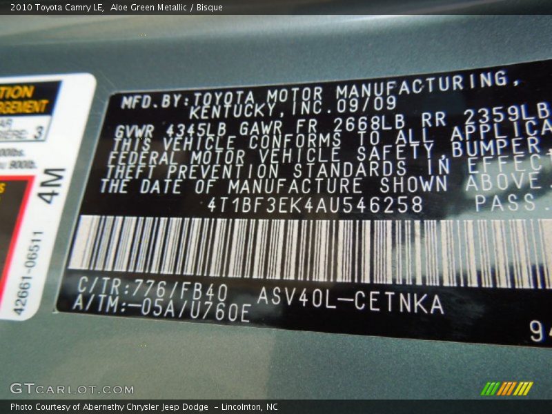 Aloe Green Metallic / Bisque 2010 Toyota Camry LE