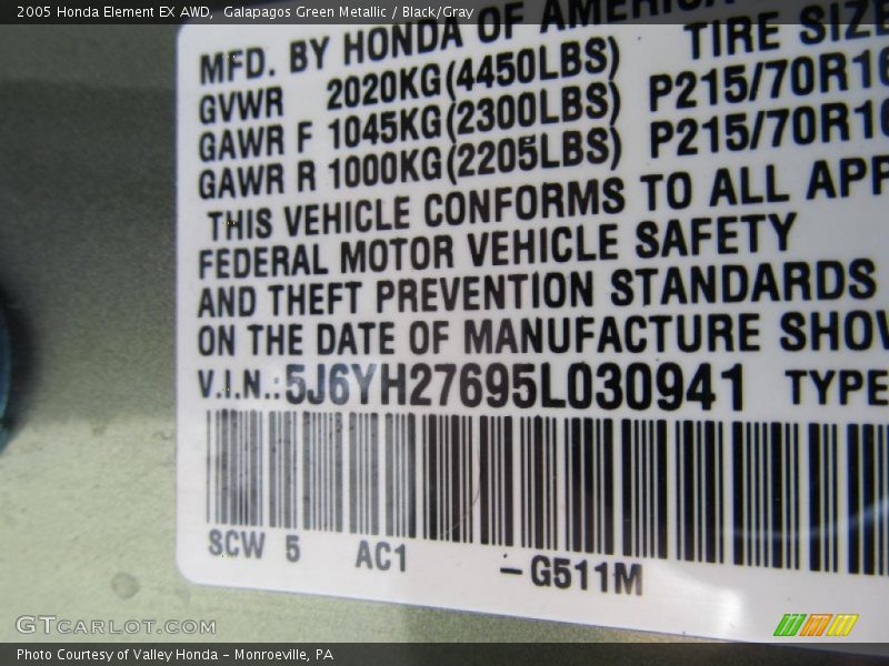 2005 Element EX AWD Galapagos Green Metallic Color Code G511M