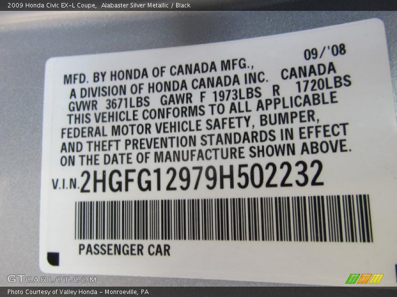Alabaster Silver Metallic / Black 2009 Honda Civic EX-L Coupe