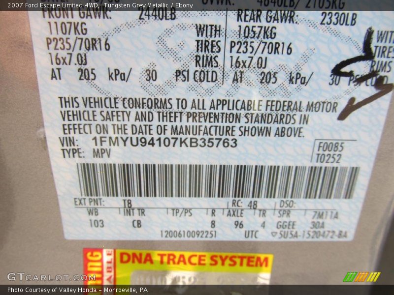 2007 Escape Limited 4WD Tungsten Grey Metallic Color Code T8