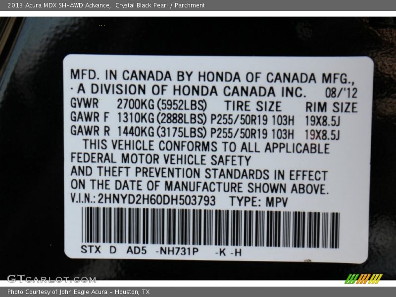2013 MDX SH-AWD Advance Crystal Black Pearl Color Code NH731P