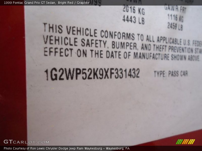 Bright Red / Graphite 1999 Pontiac Grand Prix GT Sedan