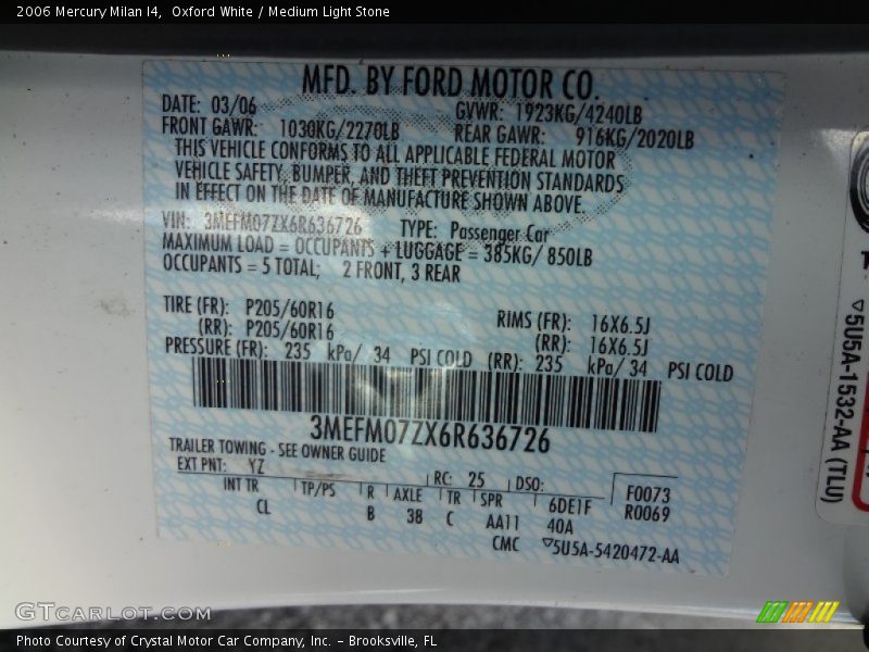 Oxford White / Medium Light Stone 2006 Mercury Milan I4