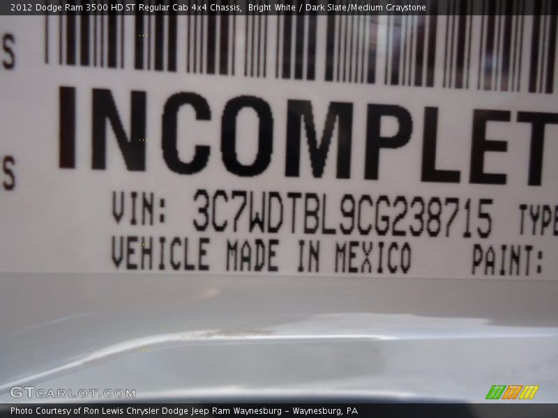 Bright White / Dark Slate/Medium Graystone 2012 Dodge Ram 3500 HD ST Regular Cab 4x4 Chassis