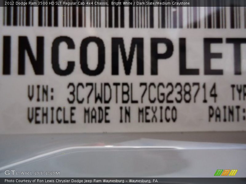 Bright White / Dark Slate/Medium Graystone 2012 Dodge Ram 3500 HD SLT Regular Cab 4x4 Chassis