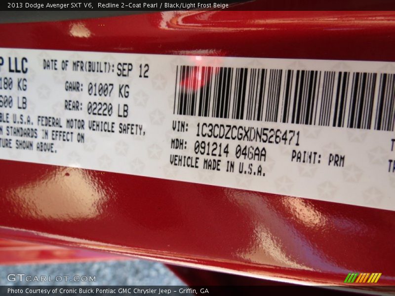 Redline 2-Coat Pearl / Black/Light Frost Beige 2013 Dodge Avenger SXT V6