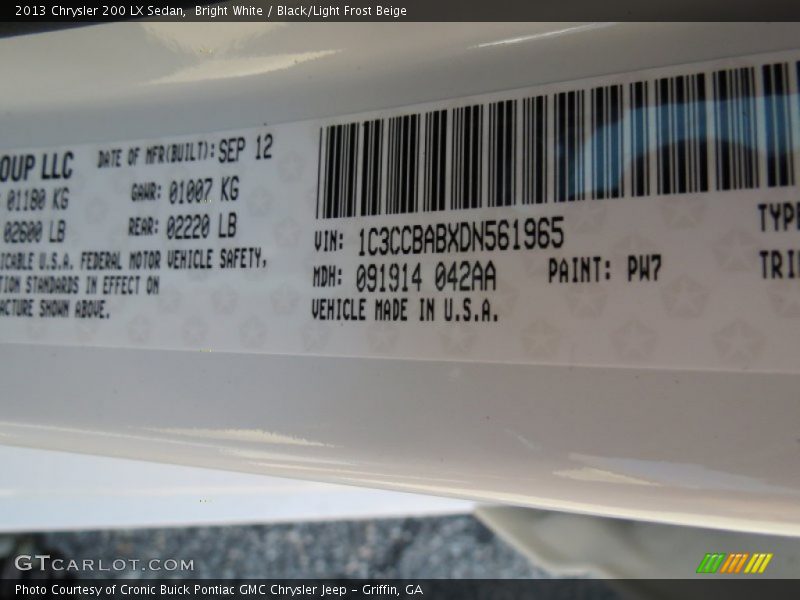 2013 200 LX Sedan Bright White Color Code PW7