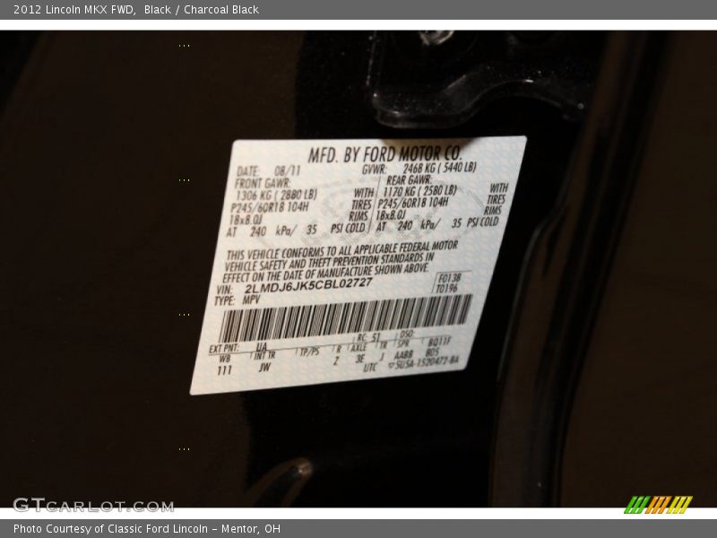 Black / Charcoal Black 2012 Lincoln MKX FWD