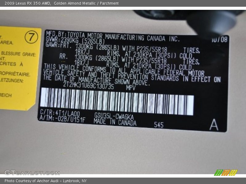 Golden Almond Metallic / Parchment 2009 Lexus RX 350 AWD