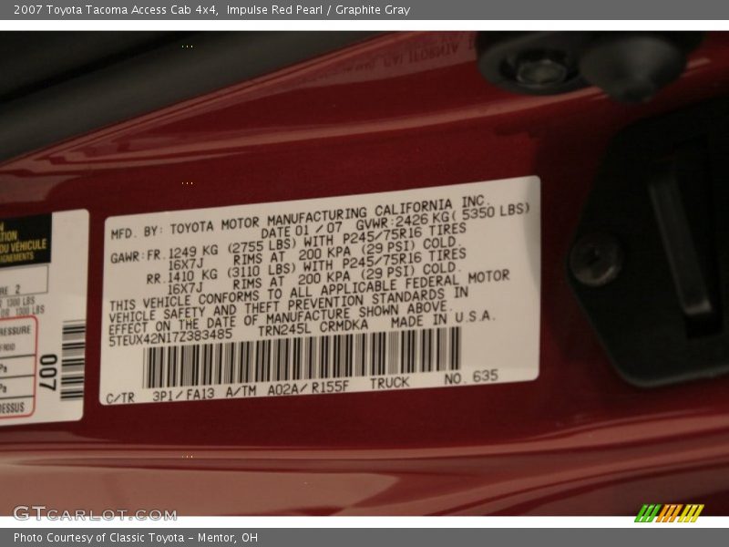 Impulse Red Pearl / Graphite Gray 2007 Toyota Tacoma Access Cab 4x4