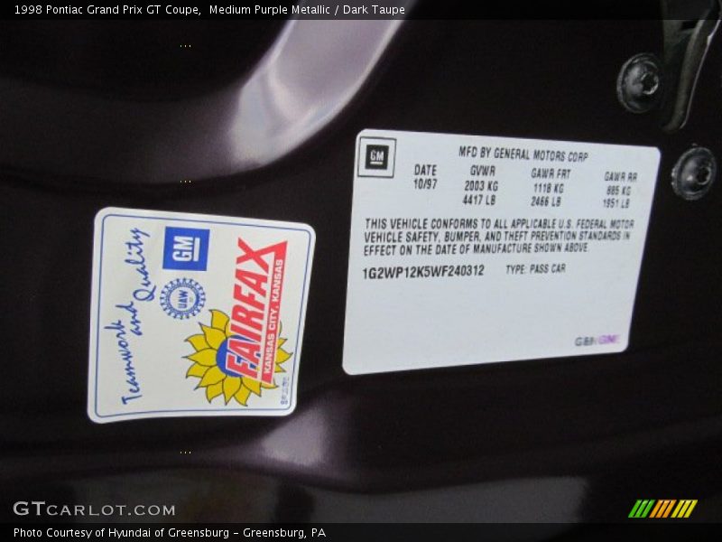 Medium Purple Metallic / Dark Taupe 1998 Pontiac Grand Prix GT Coupe