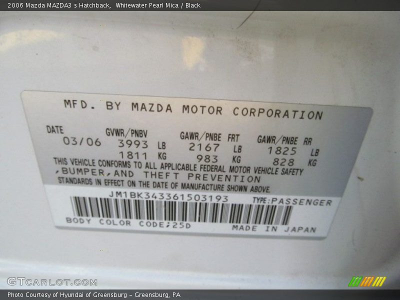 2006 MAZDA3 s Hatchback Whitewater Pearl Mica Color Code 25D