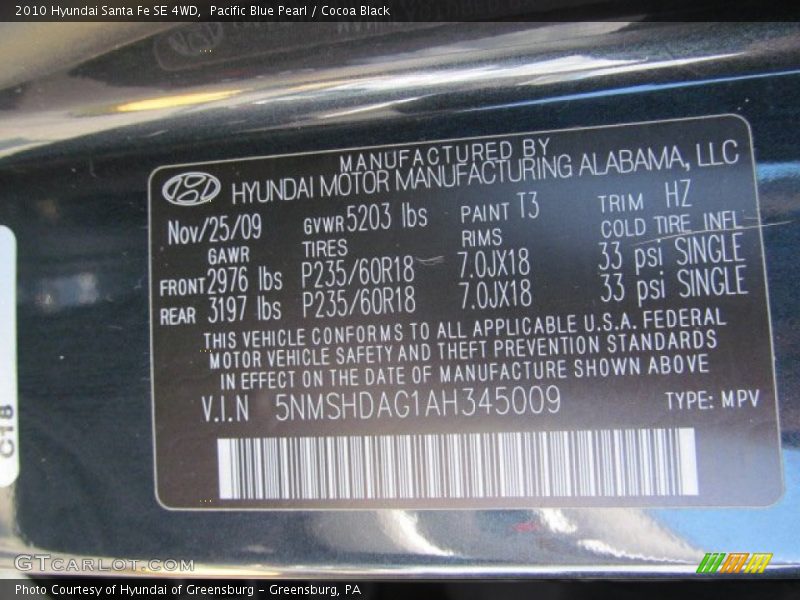 Pacific Blue Pearl / Cocoa Black 2010 Hyundai Santa Fe SE 4WD