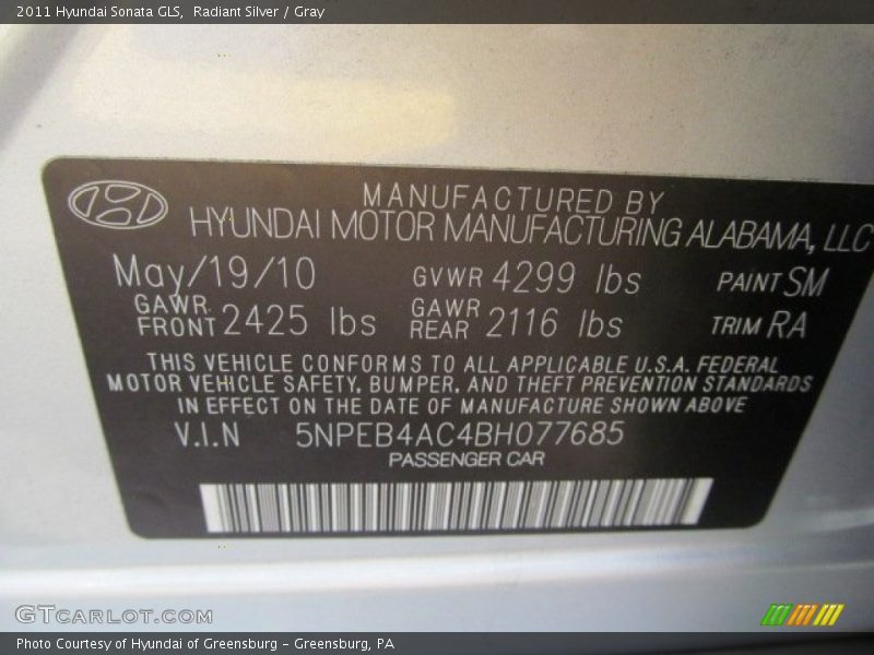 Radiant Silver / Gray 2011 Hyundai Sonata GLS