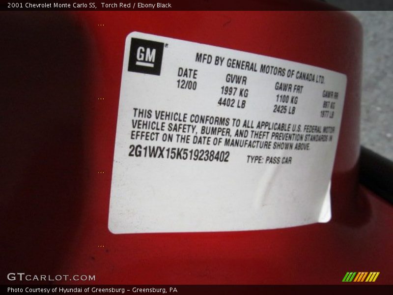 Torch Red / Ebony Black 2001 Chevrolet Monte Carlo SS