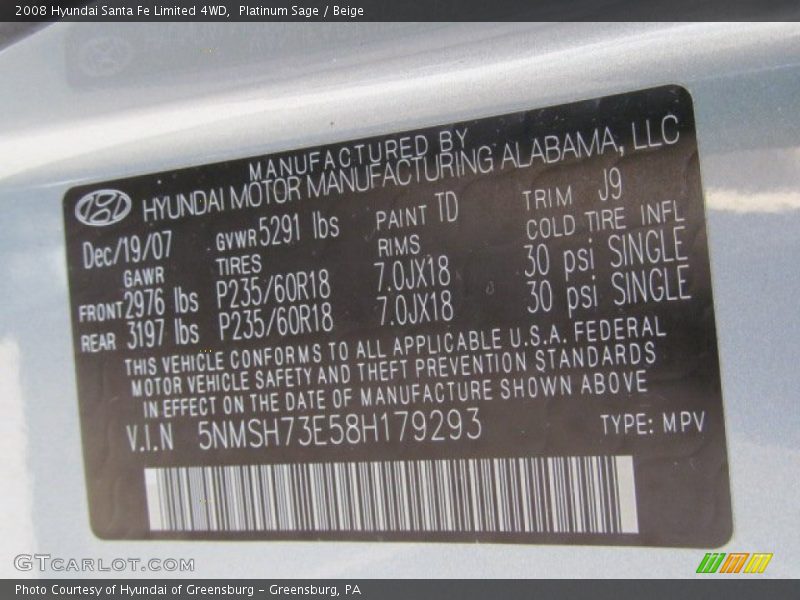 Platinum Sage / Beige 2008 Hyundai Santa Fe Limited 4WD