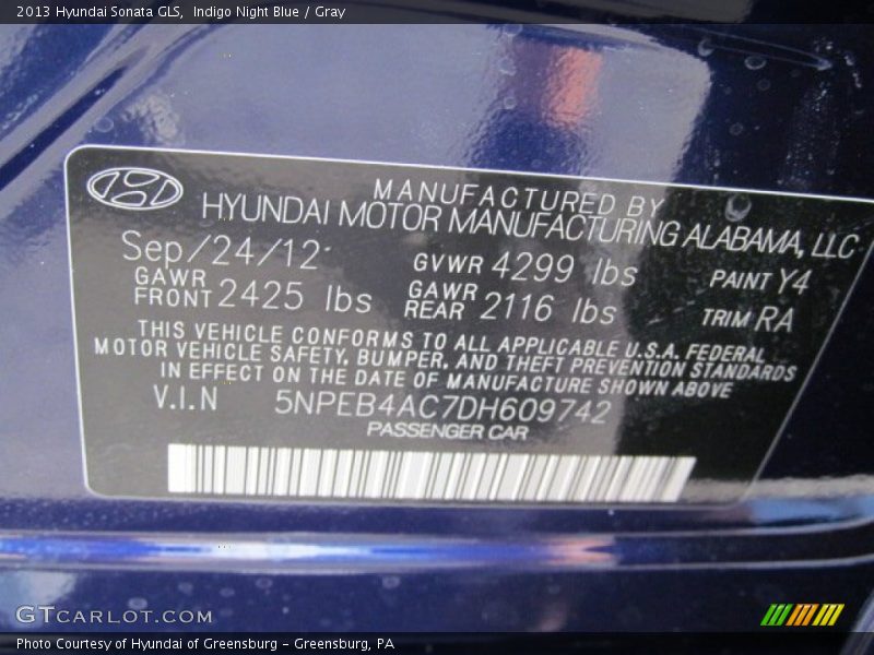 Indigo Night Blue / Gray 2013 Hyundai Sonata GLS