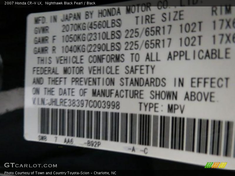 Nighthawk Black Pearl / Black 2007 Honda CR-V LX