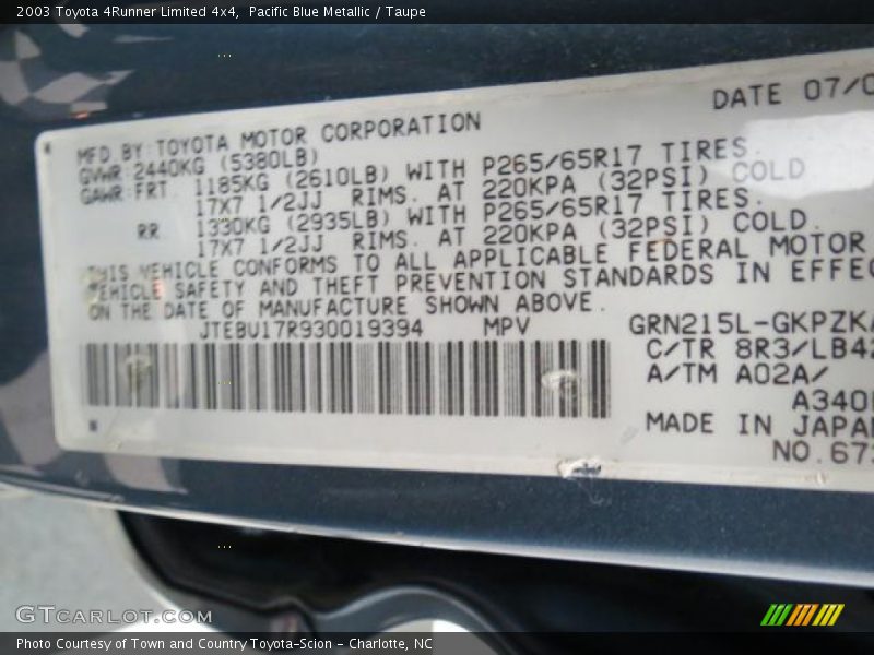 Pacific Blue Metallic / Taupe 2003 Toyota 4Runner Limited 4x4