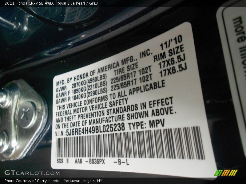 Royal Blue Pearl / Gray 2011 Honda CR-V SE 4WD