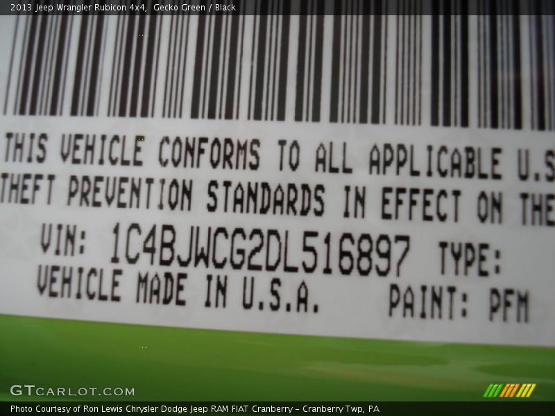 2013 Wrangler Rubicon 4x4 Gecko Green Color Code PFM