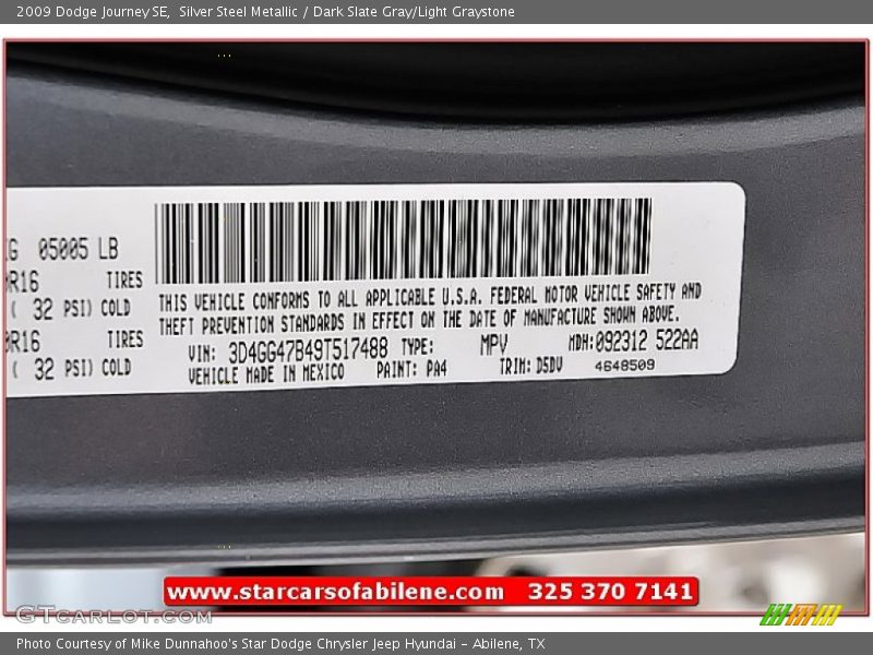 Silver Steel Metallic / Dark Slate Gray/Light Graystone 2009 Dodge Journey SE