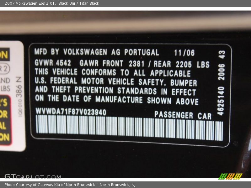Black Uni / Titan Black 2007 Volkswagen Eos 2.0T