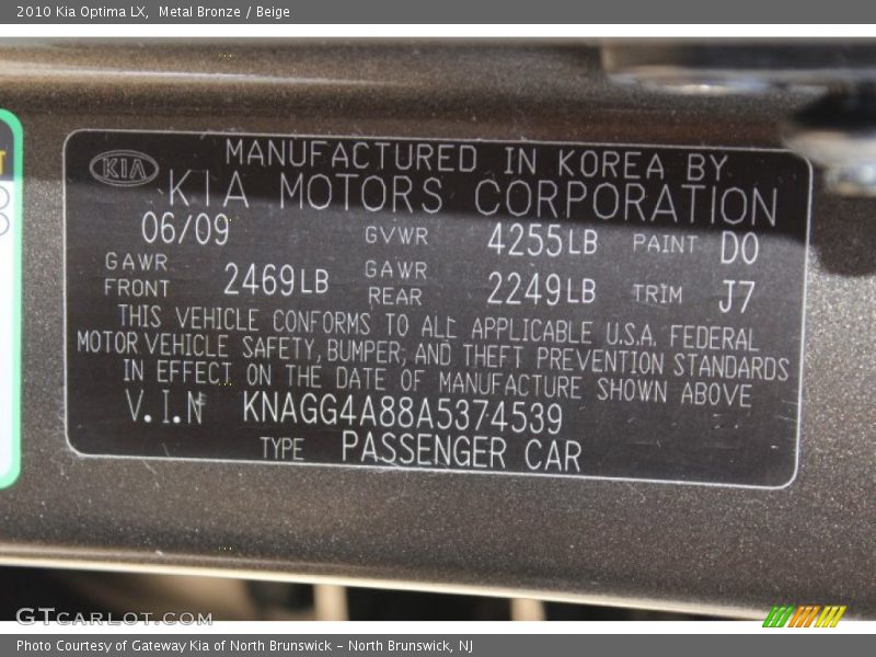 Metal Bronze / Beige 2010 Kia Optima LX