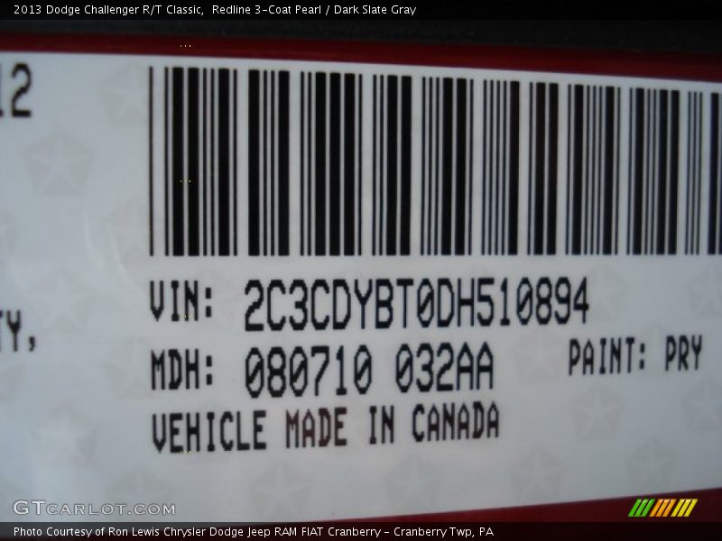 2013 Challenger R/T Classic Redline 3-Coat Pearl Color Code PRY