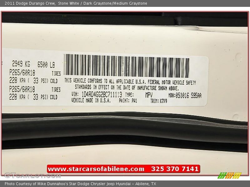 Stone White / Dark Graystone/Medium Graystone 2011 Dodge Durango Crew