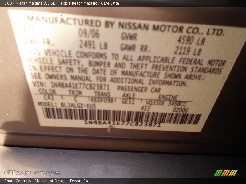 Pebble Beach Metallic / Cafe Latte 2007 Nissan Maxima 3.5 SL