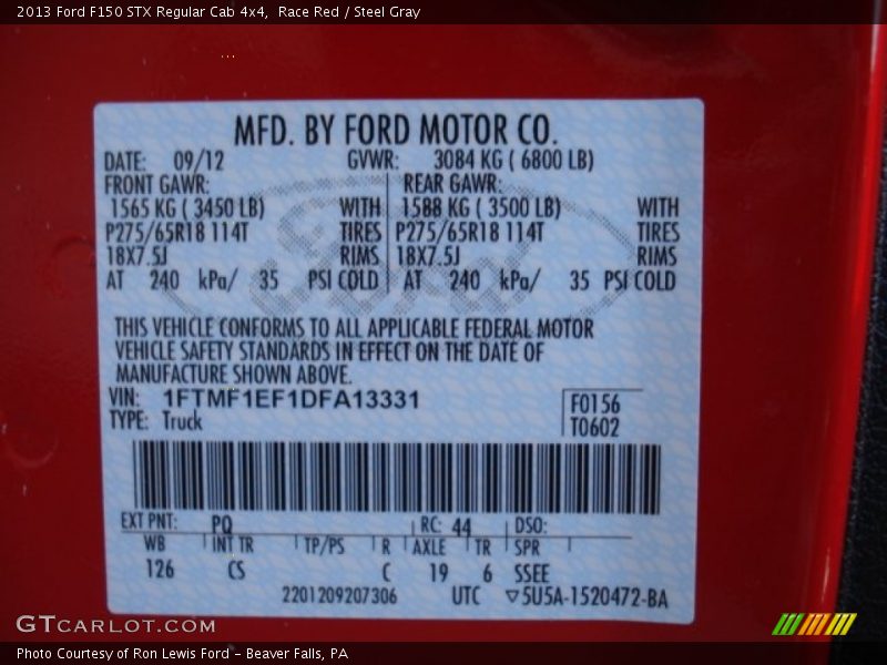 2013 F150 STX Regular Cab 4x4 Race Red Color Code PQ