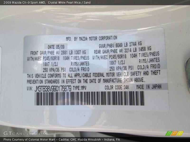 Crystal White Pearl Mica / Sand 2009 Mazda CX-9 Sport AWD