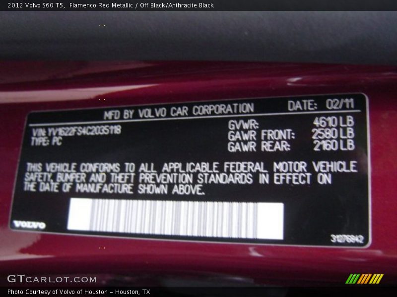 Flamenco Red Metallic / Off Black/Anthracite Black 2012 Volvo S60 T5