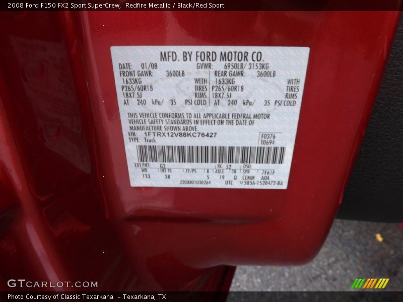 2008 F150 FX2 Sport SuperCrew Redfire Metallic Color Code G2