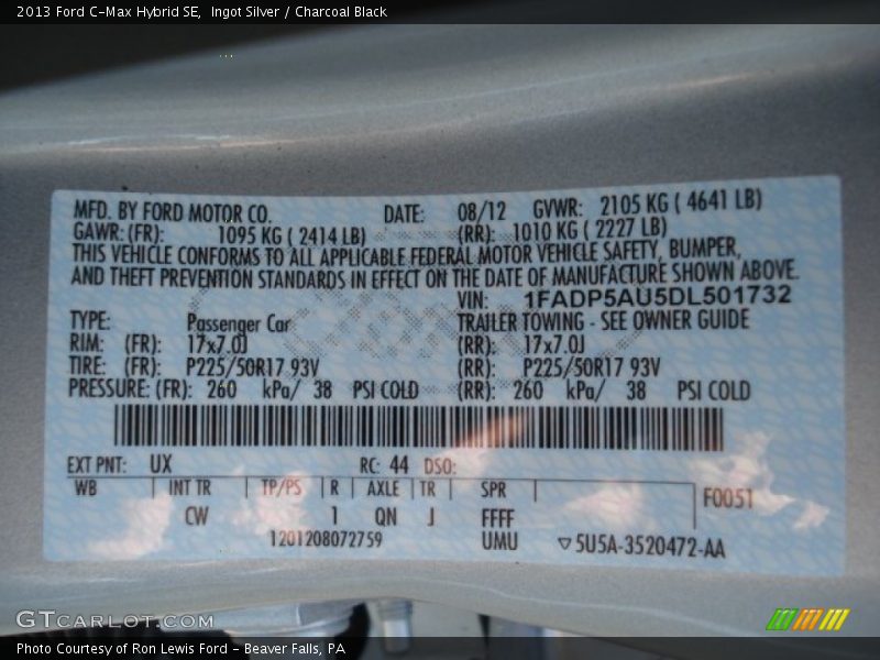 2013 C-Max Hybrid SE Ingot Silver Color Code UX