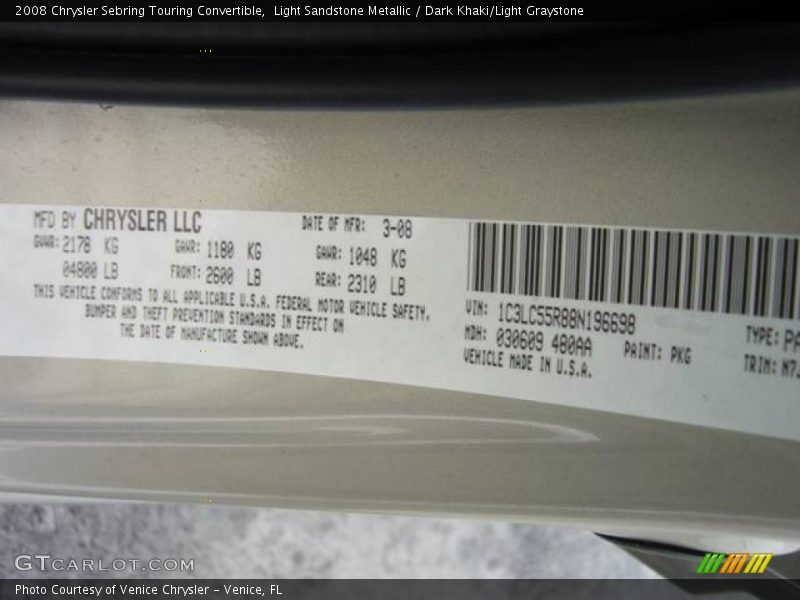 Light Sandstone Metallic / Dark Khaki/Light Graystone 2008 Chrysler Sebring Touring Convertible