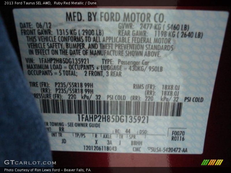 Ruby Red Metallic / Dune 2013 Ford Taurus SEL AWD