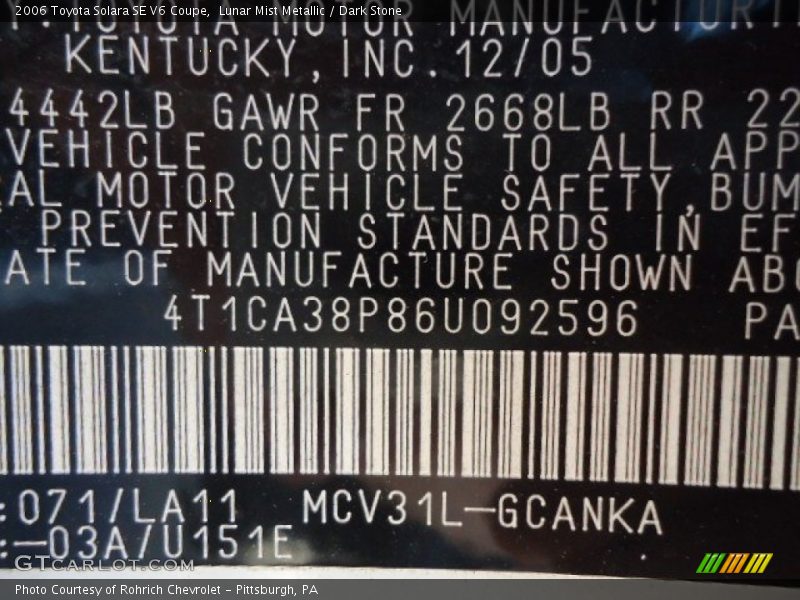 Lunar Mist Metallic / Dark Stone 2006 Toyota Solara SE V6 Coupe