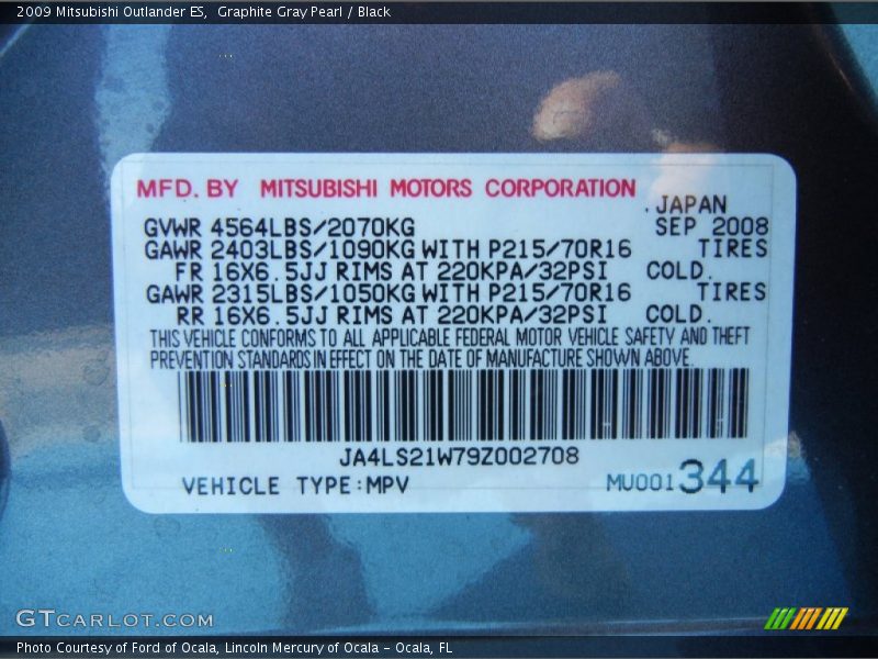 Graphite Gray Pearl / Black 2009 Mitsubishi Outlander ES