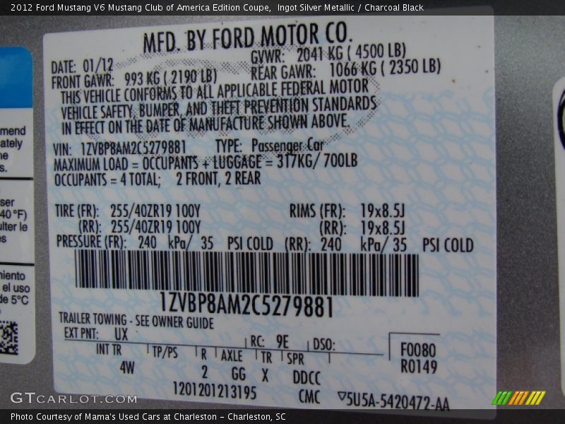 2012 Mustang V6 Mustang Club of America Edition Coupe Ingot Silver Metallic Color Code UX