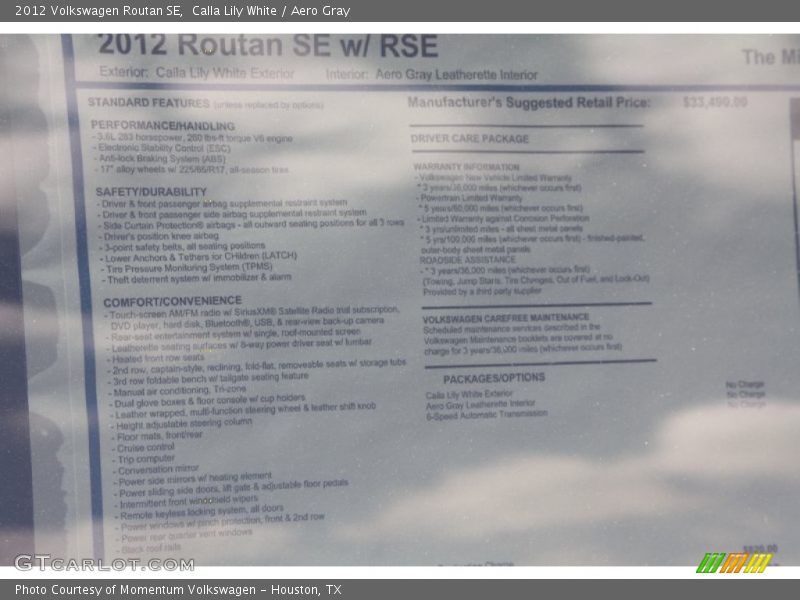 Calla Lily White / Aero Gray 2012 Volkswagen Routan SE