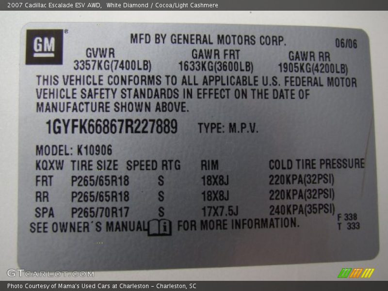 White Diamond / Cocoa/Light Cashmere 2007 Cadillac Escalade ESV AWD