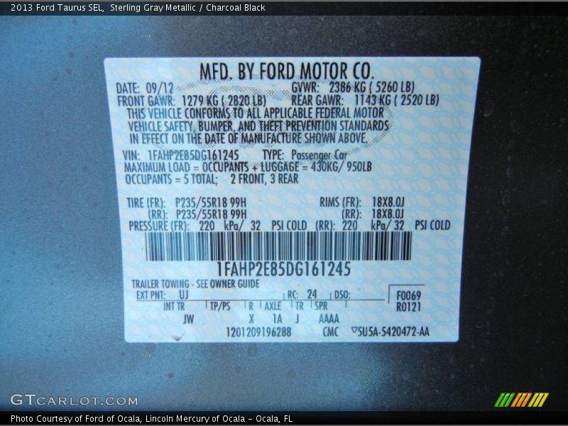 Sterling Gray Metallic / Charcoal Black 2013 Ford Taurus SEL