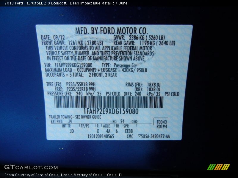2013 Taurus SEL 2.0 EcoBoost Deep Impact Blue Metallic Color Code J4