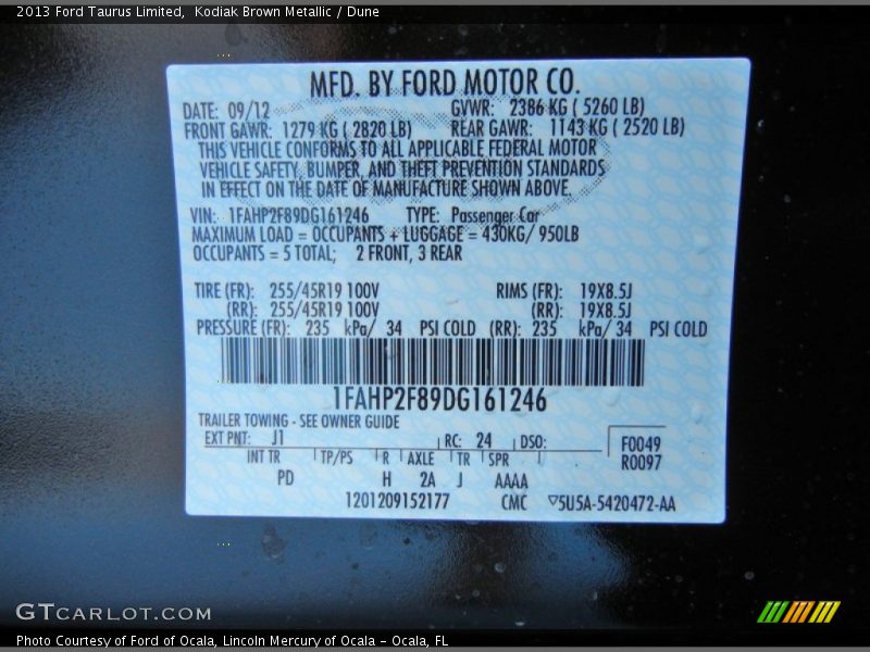 2013 Taurus Limited Kodiak Brown Metallic Color Code J1