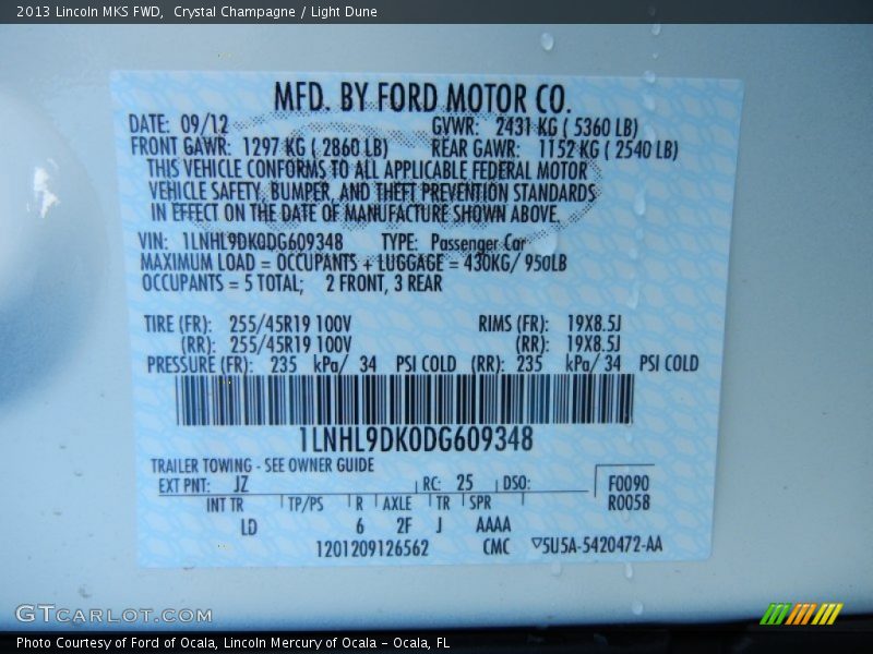 2013 MKS FWD Crystal Champagne Color Code JZ