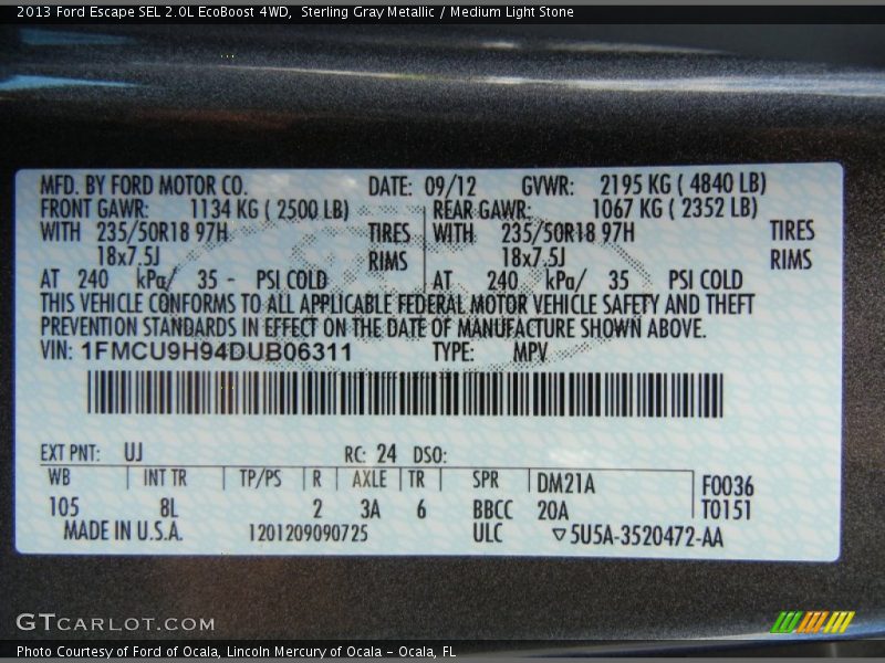 2013 Escape SEL 2.0L EcoBoost 4WD Sterling Gray Metallic Color Code UJ