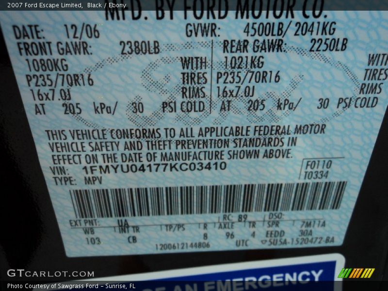 2007 Escape Limited Black Color Code UA